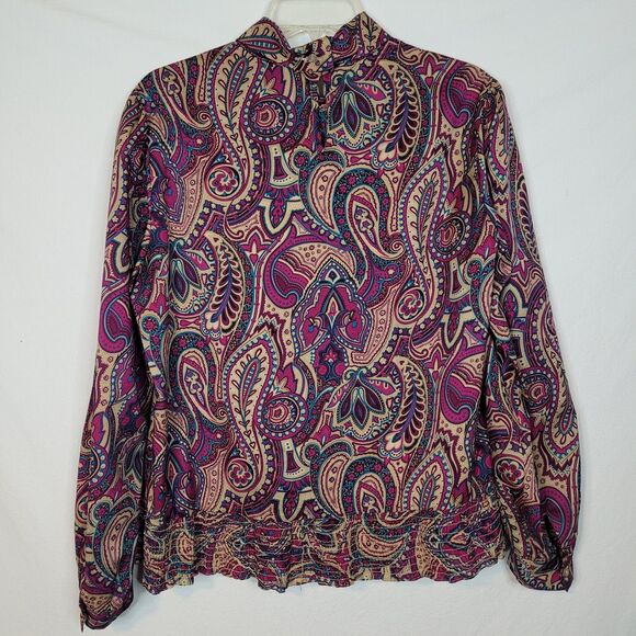 VTG 70s Judy Bond Top Purple Paisley Womens 14 Mod Boho Shirred Waist Office - Picture 2 of 9